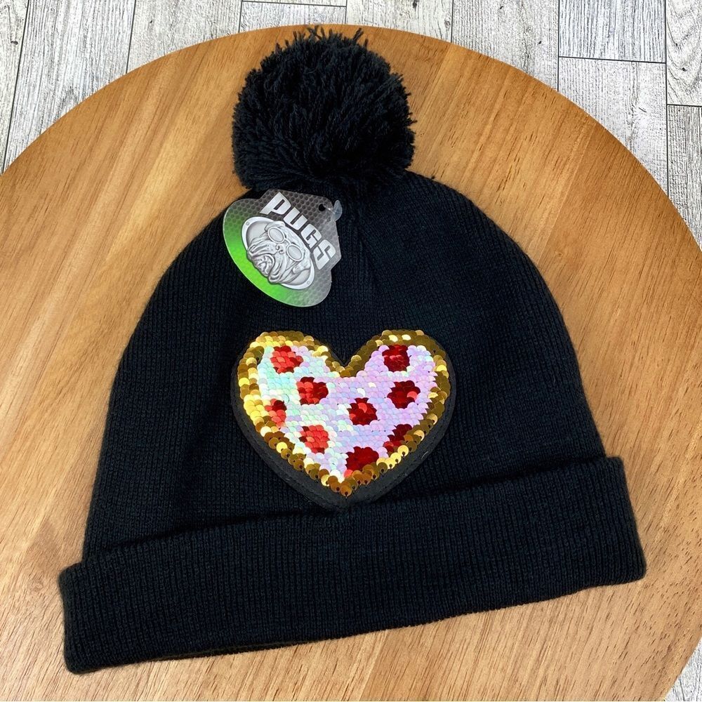 Pugs Gear Reversible Sequins Heart Pom Pom‎ Knit Beanie Hat Black